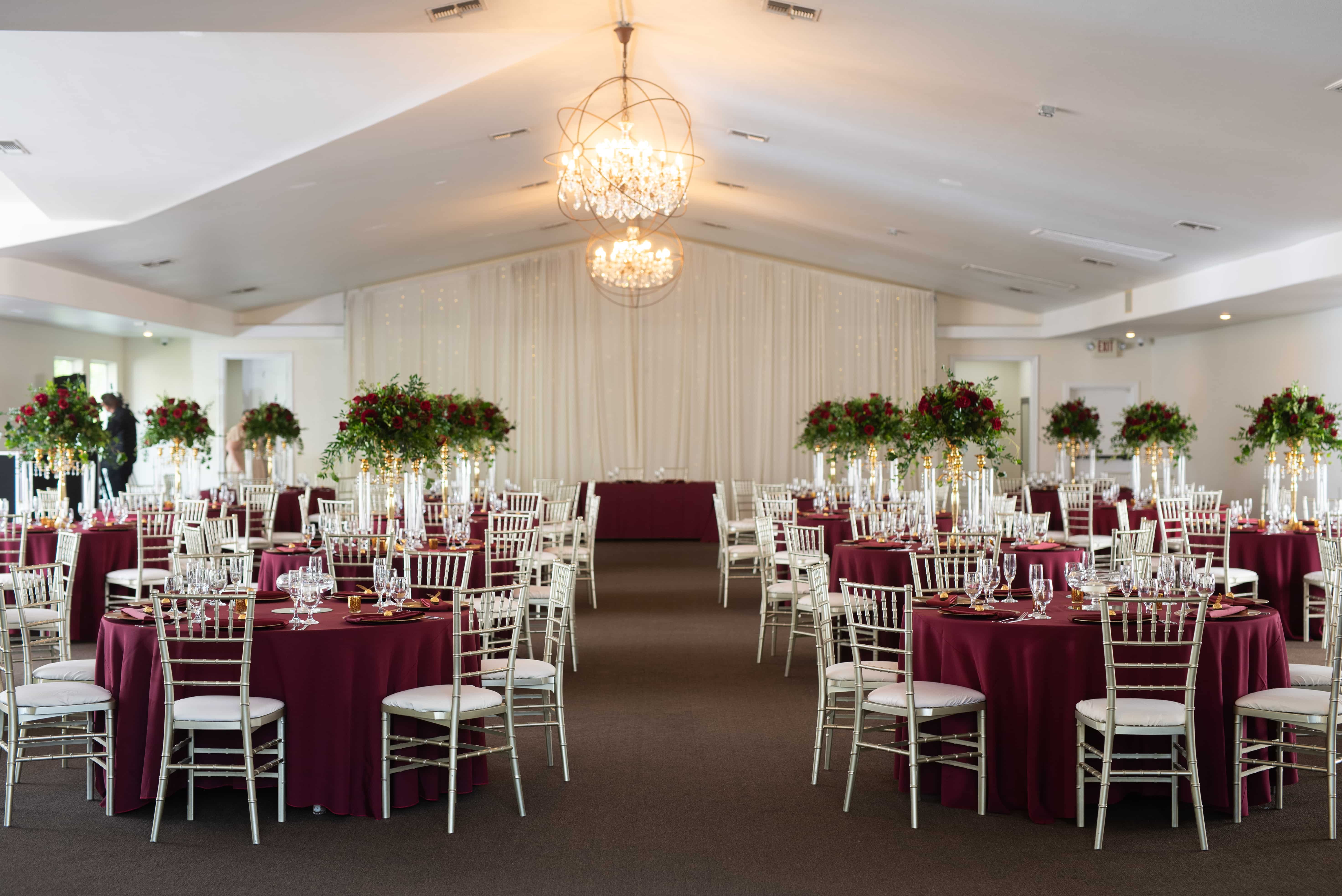 Wedding reception with burgundy linens in Garden Room Las Vegas