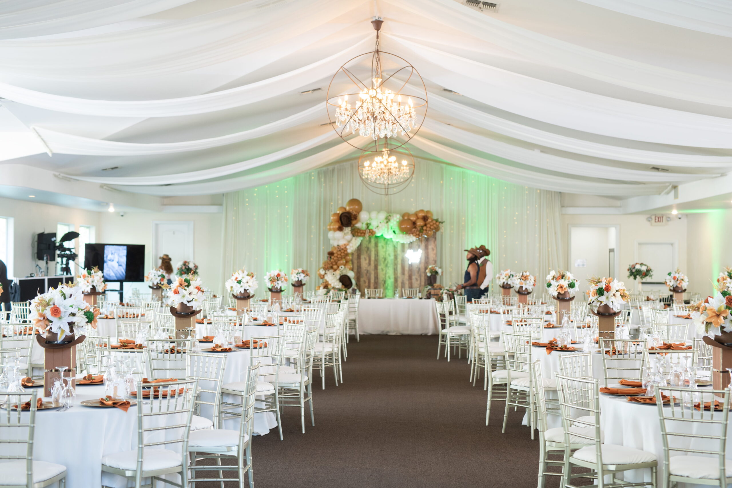 Garden Room wedding reception with green uplighting Las Vegas