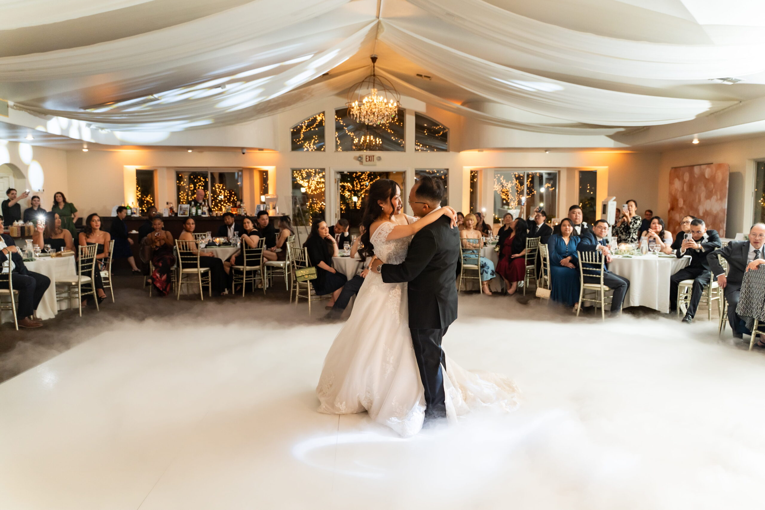 Garden Room first dance with low fog effect at outdoor garden wedding venue Las Vegas