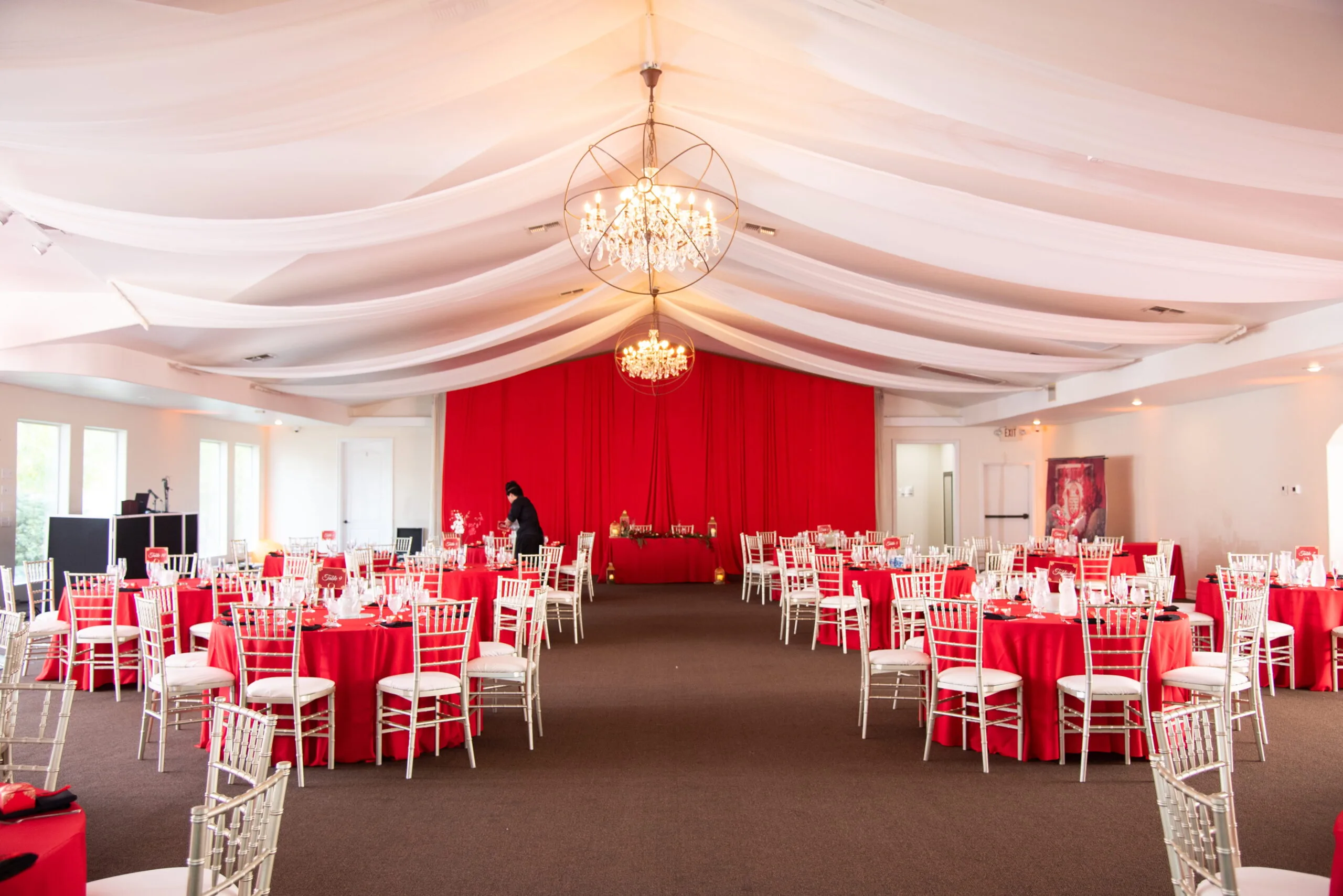 The Garden Room banquet hall being set up for a reception at our Las Vegas wedding venue.